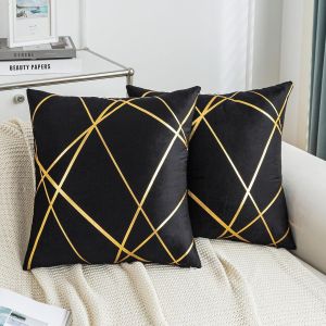 Cauc-Housse Coussin 40 X 40 Cm Noir Housses De Coussin Moderne Avec Dor&eacute; Ligne G&eacute;om&eacute;trique Automne Decoratif Coussin Canape Velours Decoration Maison Housse Coussin Canap&eacute; Lot De 2 - Neuf