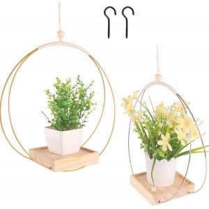 NouvelHorizonstore-2 Pi&egrave;ces Pot Suspendu Plante Interieur M&eacute;tal Or Suspension Plante avec Base en Bois Crochet de Inclus pour Plantes de Petite &agrave; Moyenne Taille - Neuf