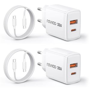 Chargeur USB C Rapide avec GaN Tech 2-Pack, 33W 2 Port Prise USBC Chargeur Rapide iPhone avec C&acirc;ble USB C 3M pour iPhone 16 15 Pro Max, Samsung Galaxy S25 S24 S23 Ultra, iPad Pro, MacBook Air - Neuf