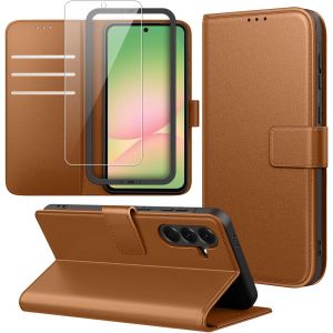 AEFJ-Coque Portefeuille Compatible avec Samsung Galaxy A56 5G avec 1 Pi&egrave;ce Protection &Eacute;cran en Verre Tremp&eacute; et 1 Pi&egrave;ce Outil D'installation Simple,PU Cuir Housse, Support et &agrave; rabat Flip &Eacute;tui - Marro - Neuf