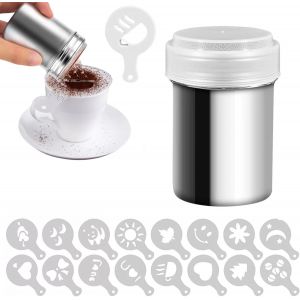 Jexnovashop-1 Pi&egrave;ces Shaker &Agrave; Poudres En Acier Inoxydable Avec 16 Pochoirs &Agrave; Caf&eacute;,Saupoudreuse &Agrave; Sucre Glace,Shaker &Agrave; Farine,Shaker Chocolat Pour Epices,Cacao,Cappuccino - Neuf