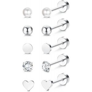 Kal-5paires Piercing Titane Pour Femme Homme G23 Titanium Piercing Oreilles Coeur Opale Perle Turquoise Cubique Zircone Tragus Perçage Stud 20g Flatback Stud Boucles D`Oreilles - Neuf