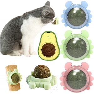Lot de 3 boules d'herbe &agrave; chat rotatives, autocollantes et comestibles, pour nettoyer les dents et attirer les chats, prot&eacute;ger leur ventre. - Neuf