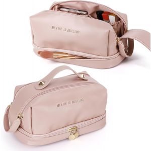KALANKA-PU Trousse Cosmétique Double Couche zippée, Sac de Voyage Cosmétique de Grande Capacité, Trousse de Toilette Femme avec poignée et Compartiments, Trousse de Maquillage Multifonction, Rose - Neuf