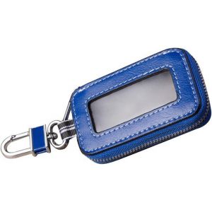Étui à clé de voiture unisexe en cuir véritable avec fermeture éclair et fenêtre transparente Bleu - Neuf