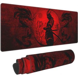 Tapis de souris samouraï japonais cool anime dragon rouge et noir 31,5 x 11,8 pouces, tapis de bureau extensible, base en caoutchouc antidérapant, bord cousu, grand tapis de souris pour PC de jeu - Neuf