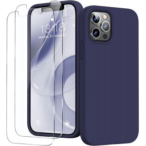 3 en 1 Coque Silicone pour iPhone 12 Pro Max 6,7 Pouces avec 2 Verre Tremp&iquest;&iquest;, 12 Pro Max ?tui de Protection Antichoc en Microfibre Douce[R&iquest;&iquest;sistant aux Rayures] [Antid&iquest;&iquest;rapant], Bleu Marine - Neuf