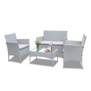 Ensemble De Mobilier De Jardin 4 Pi&egrave;ces-Ensemble De Mobilier De Jardin En Rotin Comprenant 2 Chaises D'Ext&eacute;rieur En Rotin,1 Canap&eacute; En Rotin Et 1 Table Basse Avec Plateau En Verre Tremp&eacute; Transparent - Neuf