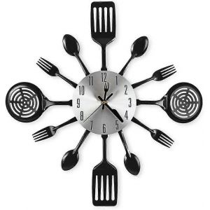 16 pouces grande cuisine horloges murales avec cuill&egrave;res et fourchettes,grand d&eacute;cor pour la maison et beaux cadeaux,noir - Neuf