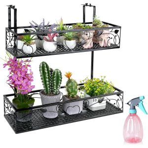 KALANKA-Support de plantation à 2 niveaux pour balcon, balustrade suspendue, panier de pot de fleurs, support réglable avec 1 flacon pulvérisateur en plastique pour balcon, terrasse, véranda, clôture - Neuf