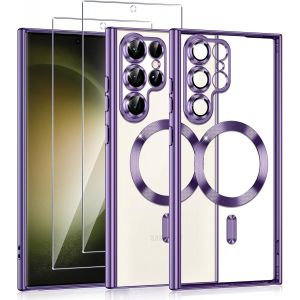 JGD-Coque Magn&eacute;tique pour Samsung S23 Ultra 5G avec 2 Pi&egrave;ces Verre Tremp&eacute;, Compatible avec MagSafe, R&eacute;sistante aux Rayures, R&eacute;sistante aux Chocs, Mince et Transparente, Violet - Neuf