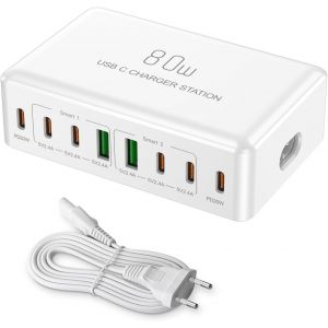 Eryi-Chargeur Usb C Charge Rapide Chargeur Multiple À 80 W Prise Usbc À 6 Ports Station De Charge Usb Pour Iphone 16/15 Pro Max/14 Plus/13/12/Samsung, Etc - Neuf