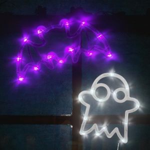 45939 Lot De 2 Bandes Lumineuses Pour Fenêtre Halloween Motif Chauve-Souris Et Fantôme Couleurs Violettes Et Blanches Ventouses Incluses - Neuf