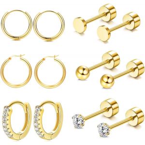 Kal-6 Paires Boucles D'oreilles Creoles Femme Or Acier Inoxydable Ensemble Boucle D'oreille Piercing Tragus Acier Chirurgical Helix Piercing Cartilage Oreille - Neuf