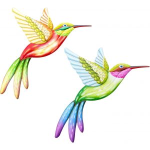 Lot de 2 grands colibris en métal - Sculptures murales colorées en forme de colibri - 22 x 26 cm - Décoration de printemps pour jardin, terrasse, cour, maison, chambre à coucher, porche, clôture - Neuf