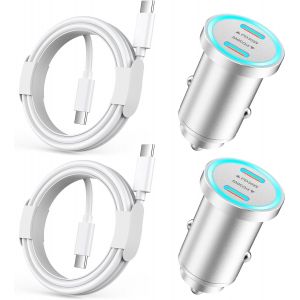 Chargeur Voiture Rapide iPhone 15, 2X Ultra Compact M&eacute;tal Double 60W Chargeur Voiture USB C Adaptateur avec 2X USB C C&acirc;bles pour iPhone 15/15 Pro/15 Pro Max/15 Plus, iPad Pro/Air/Mini, Galaxy S23 S22 - Neuf