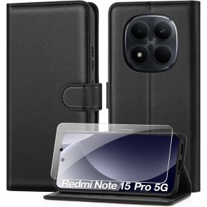 KALANKA-Coque pour Xiaomi Redmi Note 15 Pro 5G avec Verre Tremp&eacute;, &eacute;tui Cuir PU Magn&eacute;tique [ Pochette de Portefeuille ], Housse de Fonction Stand Video Porte Carte Credit &agrave; Rabat Note 15 Pro - Noir - Neuf