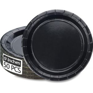 Checarzhn--No1-Lot De 50 Assiettes Rondes Jetables En Carton Noir De 22,9 Cm Pour U Quotidien, Vacances, Pique-Nique, Célébrations, Décorations De Fête D'anniversaire - Neuf