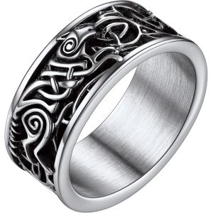 Trahoo-Bague Homme Acier Inoxydable Viking Loup Fenrir Personnalisable,Bague Viking Personnalisé Prénom Taille 54-72,Bijoux Nordique Pour Ado Garçon Femme Unisex (Boîte Cadeau) - Neuf