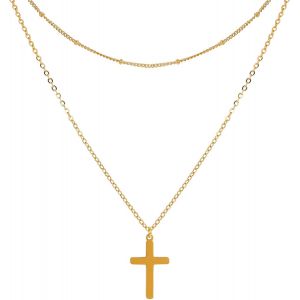 Kal-Necklace Men's Cross Necklace Punk Double Necklace With Cross Pendant Stainless Steel Necklace For Men Ladies - Neuf