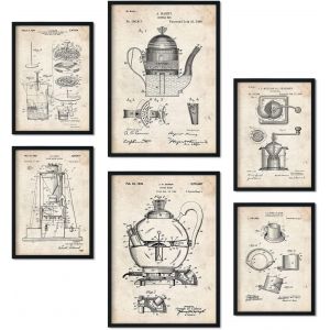 CMWS-Ensemble de 6 affiches de brevets Machine à café. Affiches avec des illustrations de brevets rétro pour votre maison. Décoration intérieure de style vintage. Formats A4 et A3. Sans cadre. - Neuf
