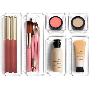 Chaas-Lot De 6 Rangement Maquillage Tiroir, Rangement Tiroir En Plastique Transparent, Bacs De Rangement Avec 3 Tailles Pour Salle De Bain, Coiffeuse, Cuisine Et Bureau - Neuf