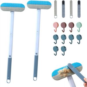 Mevronisshop-Lot De 2 Brosses D'&eacute;pilation Multifonctions Pour Animaux 4 En 1 - Poign&eacute;e Allong&eacute;e - R&eacute;glable - Attrape-Poils Pour Chiens Et Chats - Avec 10 Crochets - Utilisation Humide Et S&egrave;che - Neuf