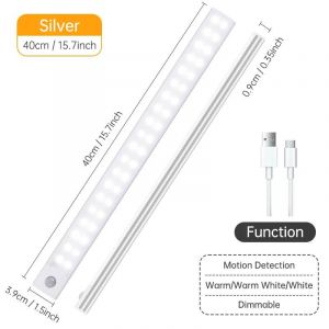 Veilleuse LED sans fil avec détecteur de mouvement,lampe de nuit aste par USB,armoire,lampe de garde-robe,sous-éclairage pour cuisine-Silver 40CM-3color in one Lamp - Neuf