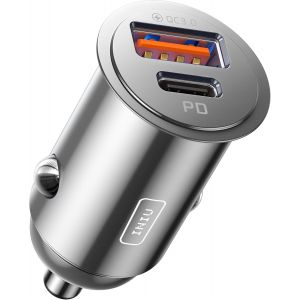 JGD-Allume Cigare USB C, 2 Ports 60W Charge Rapide Chargeur Voiture with USB C et A, Prise Allume Cigare 12V pour iPhone 16 15 14 13 Pro Max Mini Plus Samsung S24 Huawei iPad AirPods Switch, Argent - Neuf