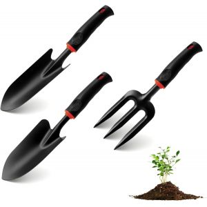 KALANKA-Ensemble d&iquest;Outils de Jardinage 3 Pi&egrave;ces &iquest; Pelle, Transplantoir et Fourche en Acier Inoxydable &iquest; Id&eacute;al pour Planter, Creuser, D&eacute;sherber et A&eacute;rer au Jardin, Potager, Balcon & Serre - Neuf