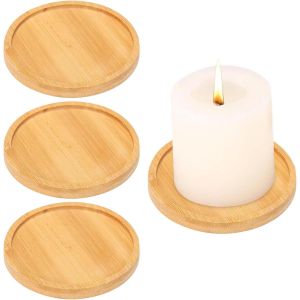 KALANKA-Lot de 4 assiettes à bougie en bois d'acacia - Décoration pour bougeoirs - Soucoupe ronde pour bougies piliers - Bougies de baptême - Neuf