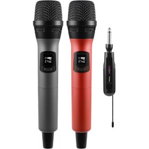 Microphone Sans Fil Micro &Agrave; Main Double Avec R&eacute;cepteur Rechargeable, Sortie 1/4&iquest;, 1/8"" Pour Amplificateur, Syst&egrave;me De Sonorisation, Karaok&eacute;, &Eacute;glise, R&eacute;union, Dj (Gris & Rouge) - Neuf