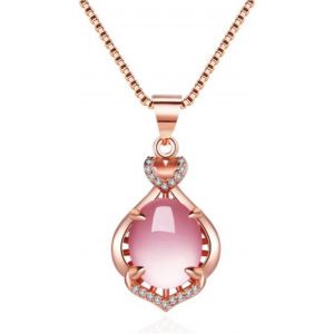 Kal-Quartz Rose Pendentif Collier Rose Cristal Larme Chaîne Pierre Précieuse Naturelle Guérison Chakra Opale Pierre Bijoux Pour Femmes Filles (Or Rose A) - Neuf