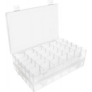 MEVRONISSHOP-Lot de 2 Boite Compartiment Plastique Transparent - 27,3 x 17,6 x 4,3 cm - Boite Plastique Rangement avec 36 Compartiments Ajustables - Boite Rangement Bijoux, Perles & Artisanat - Neuf