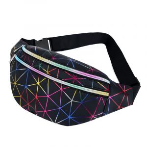 Sac banane unisexe pour homme et femme, imperméable, effet holographique, élégant et brillant, idéal pour l'entraînement en plein air, la randonnée et le camping, noir - Neuf