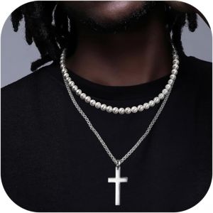 Trahoo-2 Pcs Colliers Pour Homme Collier Croix En Acier Inoxydable Collier Lance Collier De Perles Simulées Collier Pendentif Viking Collier Chaîne Argent Collier Pour Homme Femme - Neuf