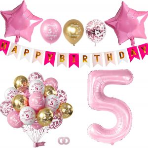 SJZG-D&eacute;corations De 5E Anniversaire Pour Filles - Ballons Roses Pour 5E Anniversaire - Ballons Roses Avec Banni&egrave;re &laquo; Happy Birthday &raquo; Pour Filles - Ballons En Forme De Chiffre 5 - Fournitures De F&ecirc;te - Neuf