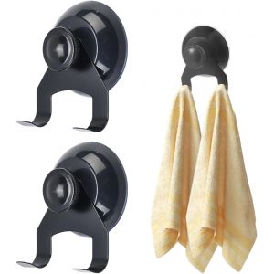 Lot de 2 crochets à ventouse sans perçage-Noir- s-Extra solides-Avec crochets pour serviettes en acier inoxydable-Pour salles de bains,cuisines,portes en verre,fenêtres - Neuf