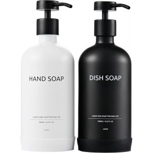 Distributeur Savon Verre,Distributeur Savon Liquide,Distributeur Savon,Distributeur Gel Douche,Distributeur de Savon,Flacon Vide,500ML,Flacon Pompe (Blanc Noir Bouteille Point Noir) - Neuf