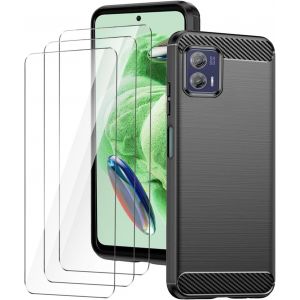 Verre Tremp&eacute; Pour Motorola Moto G73 5g Coque Noir Fibre De Carbone + 3 X Film Protecteur - Souple &Eacute;tui Carbon Fiber Housse Case Cover Pour Motorola Moto G73 5g (6.5") - Neuf