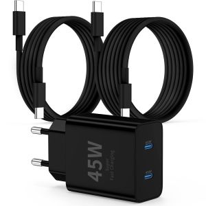 Super Rapide Samsung Chargeur Type C,45w Double Port Usb C Chargeur Rapide Bloc Et 60w 1m + 2m Usb C Câble-Pd Quick Charge 3.0 Pour Samsung Galaxy S25 Ultra/S24+/S23 /S22/Iphone 16 15 Série.[F56] - Neuf