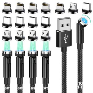Câble De Chargement Magnétique [5-Pack,10/6/6/3,3/3,3 Pieds] 540 ° Chargeur Téléphonique Magnétique Rotatif 3-En-1 Câble Usb Magnétique Avec Led Ligh - Neuf