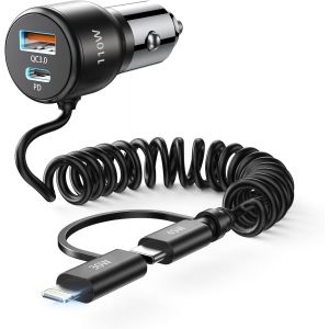 Chargeur De Voiture Charge Rapide 110 W Total Usb C 65 W & Usb A 45 W Avec 5Ft Spirale C Et L C&acirc;ble Chargeur Allume-Cigare Voiture Pour Iphone16 15 14 13 12 11Pro Max Mini Samsung S22 S21 Note Pixel - Neuf