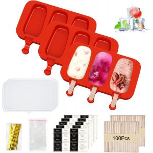 Eryi-3 Pcs Moules À Glace En Silicone, Moule À Tige De Glace, Grand Moule À Tige De Glace Avec Couvercle, 100 Moules À Glace En Silicone Rouge Tige En Bois - Neuf