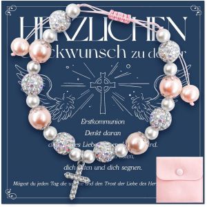 Bracelet De Communion Avec Croix, Cadeaux De Communion Pour Les Filles Bracelet, Bracelet De Perles Roses Et Cadeaux De Carte De Communion, Cadeaux De Premi&egrave;re Communion, Cadeaux De Bapt&ecirc;me Communion - Neuf