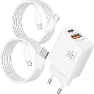 2-Port Chargeur Rapide pour iPhone 14 13 12 11 Pro Max Plus Mini, SE XR XS X 8 7 6, Chargeur Mural 20W avec Prises USB A et USB C Alimentation Adaptateur de Secteur et 2 C&acirc;bles 2M - Neuf