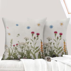 Trahoo-Lot De 2 Decorative Housse De Coussin 45x45 Cm Flowers Housse De Canap&eacute; D&eacute;coratifs Motif Plante &Agrave; Fleurs Sauvages Taie D'oreiller Pour Maison Salon Chambre Et Ferme - Fleurs Color&eacute;es - Neuf