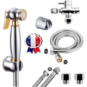 CHECARZHN--NO1-Marque França - Kit Douchette Wc Pour L'Hygiène Intime - Idéal Pour Les Installations Ayant Une Arrivée D'Eau Par Tuyau Rigide Ou Souple - Standard Français (Luxury Gold And Chome) - Neuf