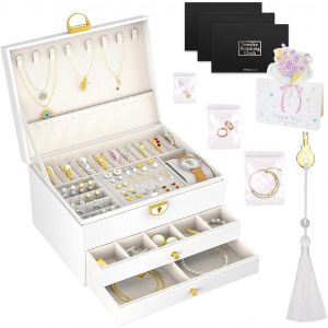 Boîte À Bijoux,Rangement Bijoux Avec 2 Tiroirs Et 3 Niveaux,En Cuir Imperméable,Pour Ranger Colliers,Boucles D'Oreilles,Bracelets.Inclus 3 Chiffons Argentés,1 Frange Et 15 Sacs À Bijoux - Neuf