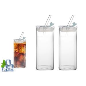 Lot De 2 Verres Carr&eacute;s Transparents De 400 Ml Avec Couvercles Et Pailles Pour Boissons - Neuf